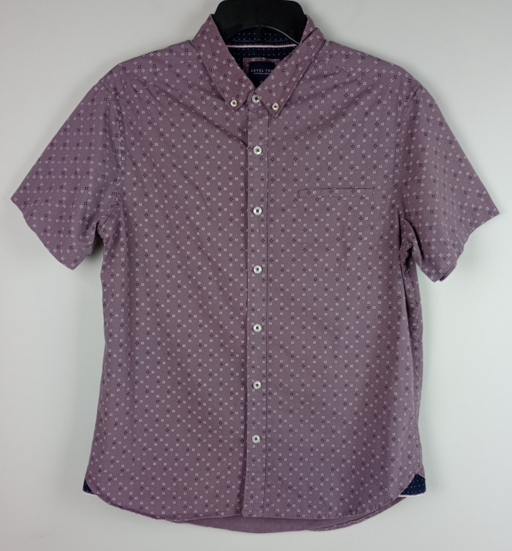 Level Ten Mens M Purple Floral Polka Dot Short Sleeve Button Down Shirt